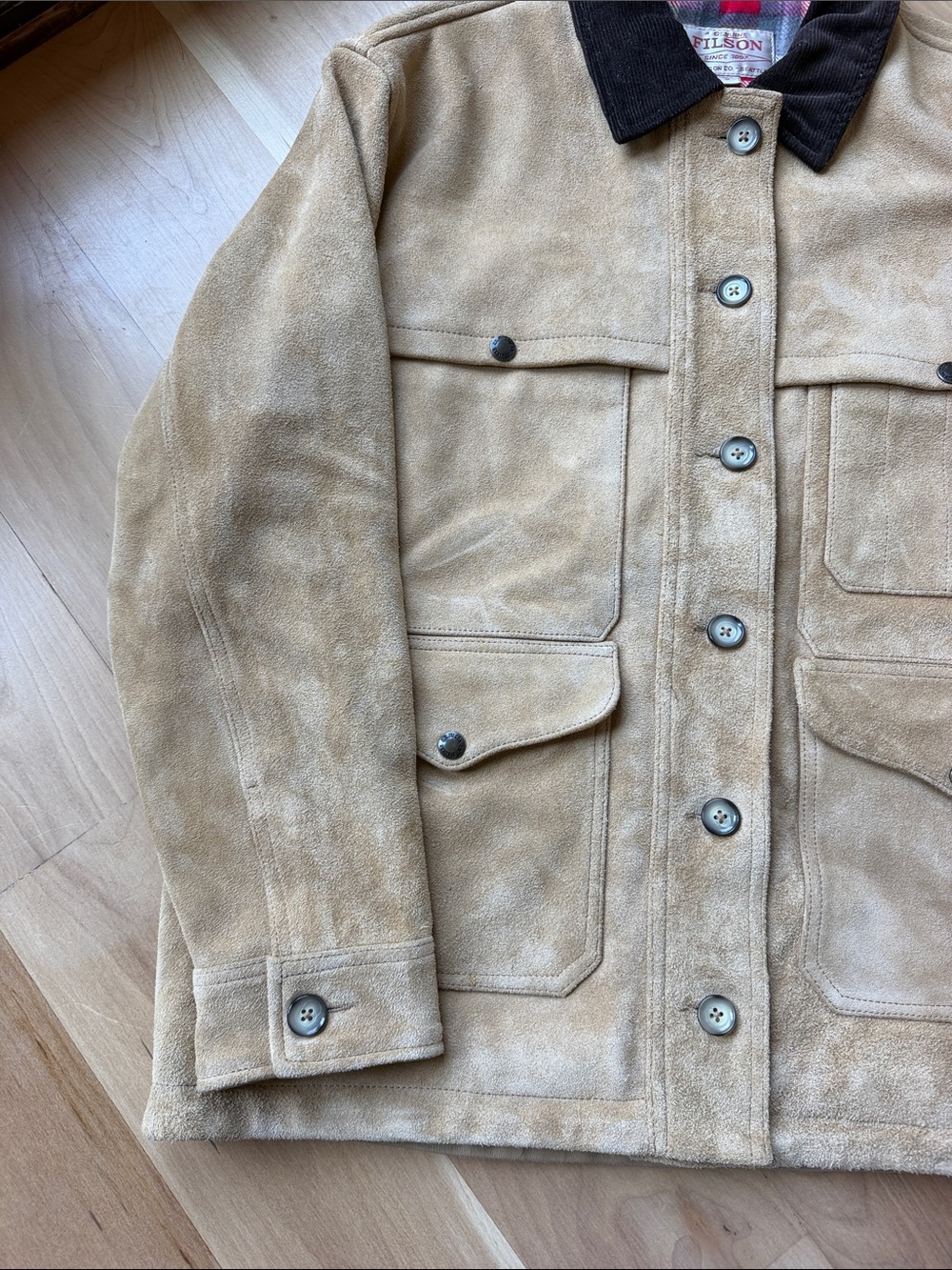 Filson Tan Suede Field Jacket with Dark Brown Collar - Picture 4 of 7